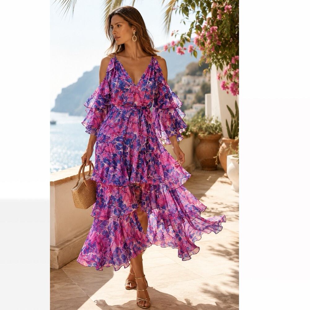 MISA Los Angeles Paradis Tiered Floral Maxi Dress Watercolor Blues Size Small